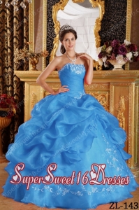 Ball Gown Embroidery Organza Cheap Sweet Sixteen Dresses in Aqua Blue