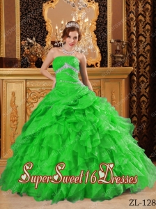 Ball Gown Organza Beading and Ruffles Cheap Sweet Sixteen Dresses in Green