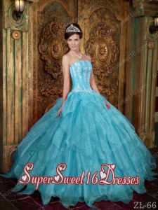 Ball Gown Strapless Appliques Organza Aqua Blue Cheap Sweet Sixteen Dresses
