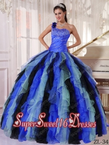 Multi-colored Ball Gown One Shoulder Organza Beading and Ruffles 2013 Sweet 16 Dresses