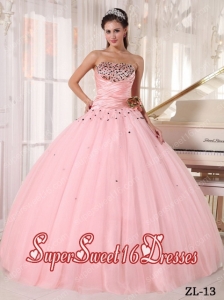 Pink Ball Gown Strapless Tulle Beading and Ruch Cheap Sweet Sixteen Dresses