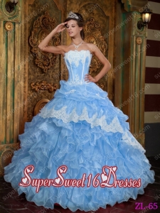 Ruffles Organza Aqua Blue Ball Gown Strapless Floor-length 2014 Quinceanera Dress