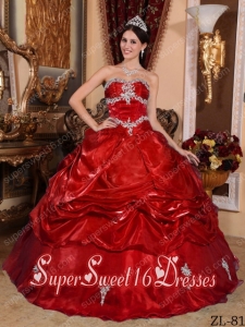 Taffeta Wine Red Ball Gown Strapless Floor-length Organza Appliques 2014 Quinceanera Dress
