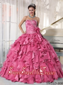 Watermelon Ball Gown Sweetheart Organza Beading Cheap Sweet Sixteen Dresses