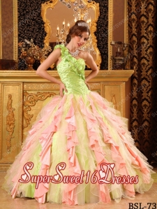 Multi-Color One Shoulder Taffeta And Organza Beading And Ruffles 2014 Quinceanera Dress