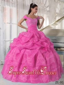 Ball Gown Rose Pink Off The Shoulder Custom Made Taffeta and Organza Beading Quinceanera Dress