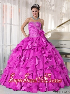 Hot Pink Ball Gown Sweetheart Floor-length Organza Beading Custom Made Sweet 16 Dresses