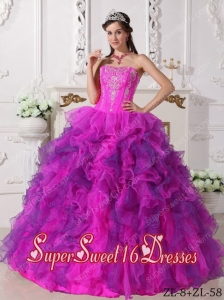 Multi-colour Satin and Organza 2014 Quinceanera Dress with Embroidery and Ruffles