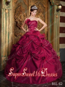 Ball Gown Strapless Cheap Wine Red Sweet Sixteen Dresses with Hand Made Flowers