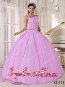 2014 Sweet Sixteen One Shouder Applique Ball Gown Tulle Pink Ball Gown Discount