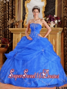 Blue Organza Ball Gown Strapless Appliques Modest Sweet Sixteen Dresses