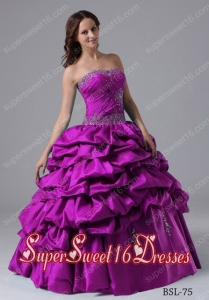 Fuchsia Sweet Sixteen Dress Beadings Taffeta Ruch Pick-up Discount Ball Gown