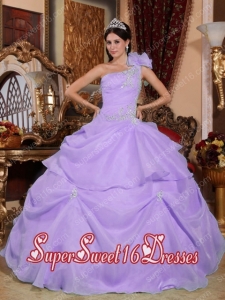 Lavender One Shoulder Organza Military Ball Dress with Appliques and Hand Made Flowers