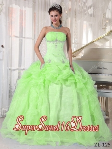 Yellow Green Ball Gown Strapless Floor-length Organza Beading Quinceanera Dress