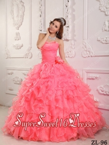 2014 Watermelon Beading Sweetheart Hand Made Flower Sweet Sixteen Dress Discount Ball Gown