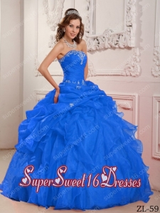 Blue Ball Gown Strapless Organza Beading And Ruffles 15th Birthday Party Dresses