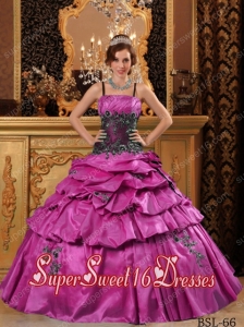 Fuchsia Ball Gown Straps Taffeta 15th Birthday Party Dresses with Appliques