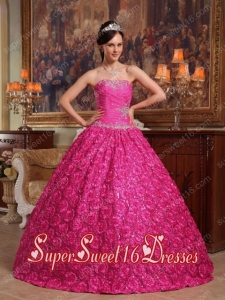 Roling Flowers Appliques Hot Pink Ball Gown Strapless Modest Sweet Sixteen Dresses