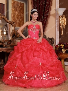 Coral Red Ball Gown Sweetheart Organza Appliques and Beading Perfect Sweet 16 Dress