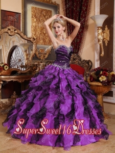 Purple and Black Sweetheart Beading and Ruffles Perfect Sweet 16 Dress with Ruching