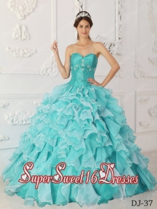 A-Line Sweetheart Taffeta and Organza Beading Popular Sweet 16 Dresses with Aqua Blue