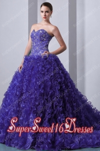 Brush Train Organza Purple A-Line / Princess Sweetheart Beading and Ruffles Perfect Sweet 16 Dress