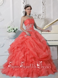 Popular Ball Gown Strapless Organza Beading Sweet 16 Dresses in Orange Red