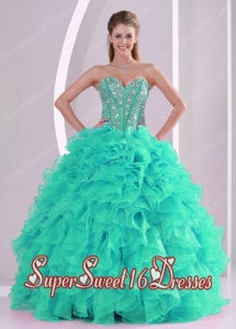Ball Gown Sweetheart Ruffles and Beaded Decorate Turquoise Popular Sweet 16 Dresses