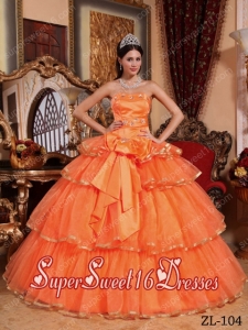 Orange Red Ball Gown Strapless Floor-length Organza Ruffles Simple Sweet Sixteen Dresses