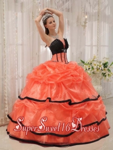 Orange and Black Ball Gown Strapless Satin and Organza Pretty Quinceanera Dresses with Beading