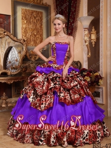 Purple Ball Gown Strapless Floor-length Taffeta and Leopard Pick-ups Simple Sweet Sixteen Dresses