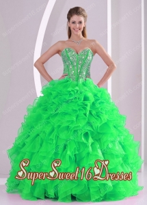 Beautiful Sweetheart Ruffles and Beading Sweet Fifteen Dress in Spring Green