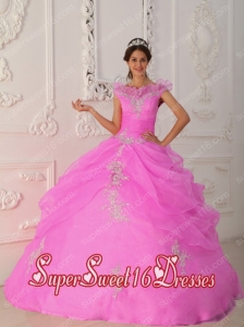 Pink Ball Gown V-neck With Taffeta and Organza Appliques with Beading Sweet 16 Ball Gowns