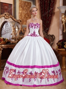White and Fuchsia Sweetheart Floor-length Taffeta Appliques Simple Sweet Sixteen Dresses