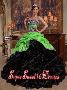 Green and Black Taffeta and Organza Ball Gown Sweetheart Pick Ups Sweet Fifteen Dress with Hand Made Flowers