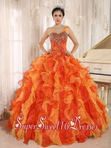 Custom Made One Shoulder Beaded Decorate Organza Sweet Fifteen Dress In Multi-colour with Ruffles