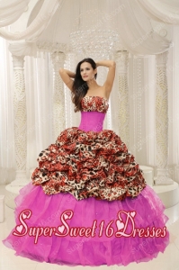 Leopard and Tulle Strapless Sweet Fifteen Dress With Beading and Pick Ups in Hot Pink