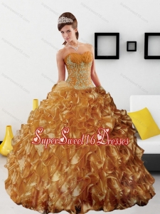 Sturning Appliques and Ruffles 2015 Military Ball Dresses in Gold