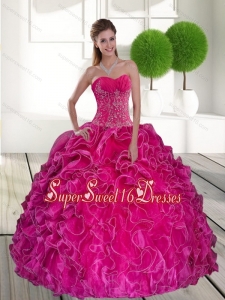 2015 Comfortable Hot Pink Sweet Fifteen Dresses with Ruffles and Appliques