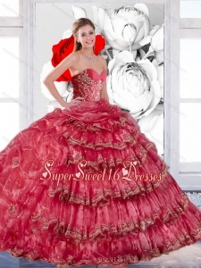 2015 Exclusive Appliques and Ruffles Sweet Fifteen Dresses in Coral Red
