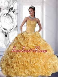2015 Modest Strapless Gold Sweet Sixteen Dresses with Beading and Rolling Flowers