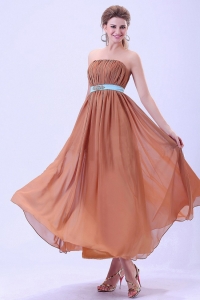 Custom Made For Rust Red Dama Dress With Blue Belt and Ruching Chiffon Ankle-length