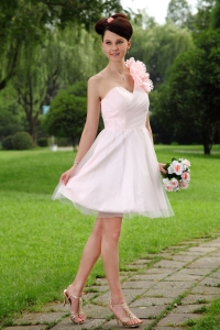 Light Pink One Shoulder Mini-length Tulle Hand Made Flowers Dama Dresses for Sweet 16