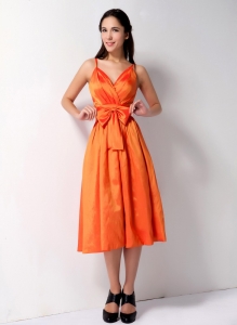 Orange Spaghetti Straps Tea-length Taffeta Bow Dama Dress