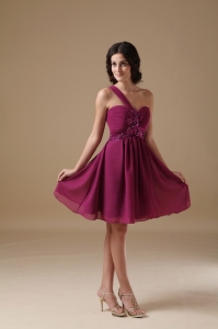 Purple One Shoulder Mini-length Chiffon Beading Dama Dresses for Sweet 16