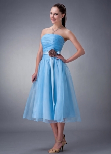 Baby Blue / Princess Strapless Tea-length Chiffon Sash Dama Dress