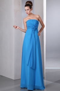 Blue Empire Strapless Floor-length Chiffon Hand Made Flower and Ruch Dama Dresses for Sweet 16