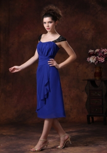 Chiffon Ruched Straps Navy Blue 2013 Tea-length Sweet 16 Dama Dresses