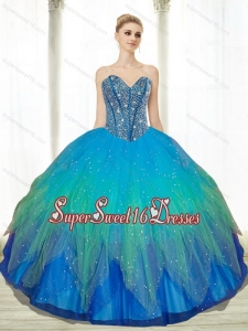 2015 Modest Beading Sweetheart Tulle Turquoise Sweet Sixteen Dresses