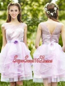 See Through Scoop Short Dama Dress with Sashes and Ruffles
